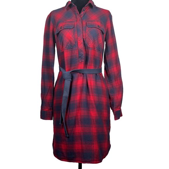 J. Crew Sz XXS Long-Sleeve Flannel Shirt Dress Red Navy Checkered 100% Cotton - Picture 1 of 11
